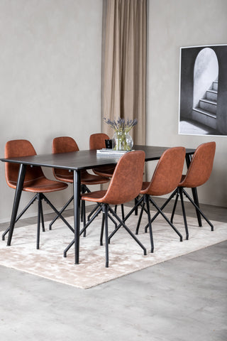 Venture Home Dipp Matbord - 180*90cm - Svart fanér / helt svarta ben - Polar Matstol med Spin funktion - svarta Ben - Brun PU - Vita stygn 6