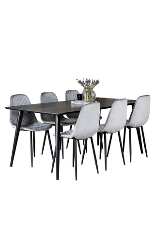 Venture Home Dipp Matbord - 180*90cm - Svart faner / helt svarta ben - Polar Diamond Matstol - Svarta ben - Grå sammet 6