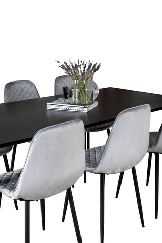 Venture Home Dipp Matbord - 180*90cm - Svart faner / helt svarta ben - Polar Diamond Matstol - Svarta ben - Grå sammet 6