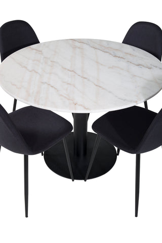 Venture Home Estelle Matbord runt 106cm Vit marmor / Svarta Ben - Polar Matstol - Svarta Ben - Svart Tyg 4