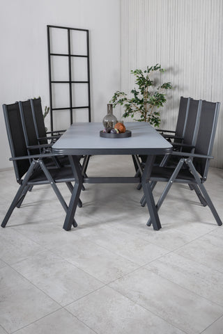 Venture Home Virya Matbord - Svart Alu / Grått Glas - stort bord+Break 5:pos Stol - Svart/Svart_6
