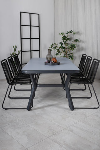 Venture Home Virya Matbord - Svart Alu / Grått Glas - stort bord+Lindos Stapelstol - Svart Alu / Svart rep_6