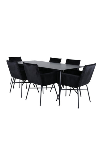 Venture Home Silar Matbord - 180 cm - Svart Melamin / Svarta Ben+Petra Stol - Svart / Svart Sammet_6