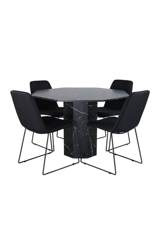 Venture Home Marbs Runt Matbord , Svart Svart Glas Marble+Muce Matstol , Svarta Ben , Svart Tyg_4