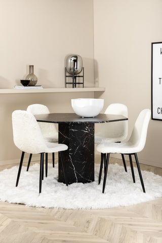 Venture Home Marbs Runt Matbord , Svart Svart Glas Marmor + Polar Fluff Matstol , Svarta Ben , Vit Teddy _4