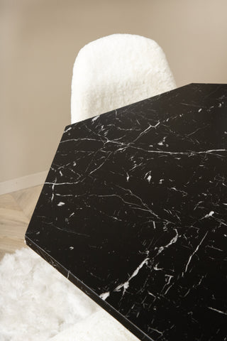 Venture Home Marbs Runt Matbord , Svart Svart Glas Marmor + Polar Fluff Matstol , Svarta Ben , Vit Teddy _4