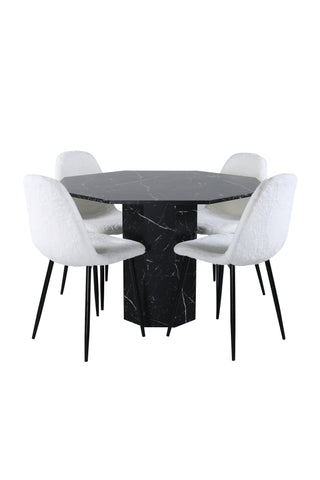 Venture Home Marbs Runt Matbord , Svart Svart Glas Marmor + Polar Fluff Matstol , Svarta Ben , Vit Teddy _4