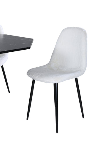 Venture Home Marbs Runt Matbord , Svart Svart Glas Marmor + Polar Fluff Matstol , Svarta Ben , Vit Teddy _4