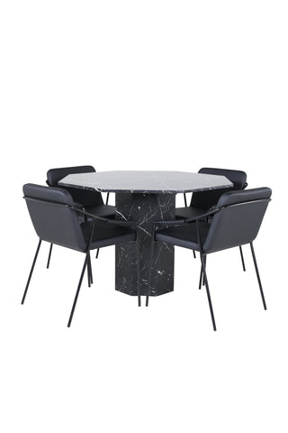 Venture Home Marbs Runt Matbord - Svart / Svart Glas Marble+Tvist Stol - Svart / Svart PU_4