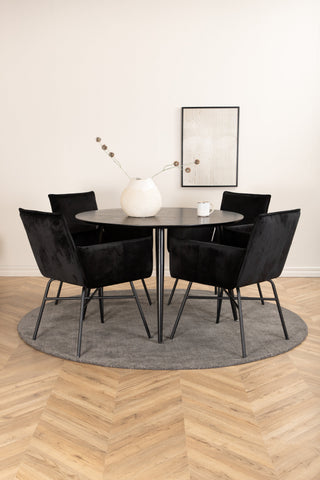Venture Home Dipp Matbord - 115cm - Svart faner / Helsvarta ben + Petra Stol - Svart / Svart Sammet_4
