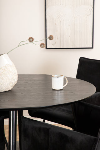 Venture Home Dipp Matbord - 115cm - Svart faner / Helsvarta ben + Petra Stol - Svart / Svart Sammet_4