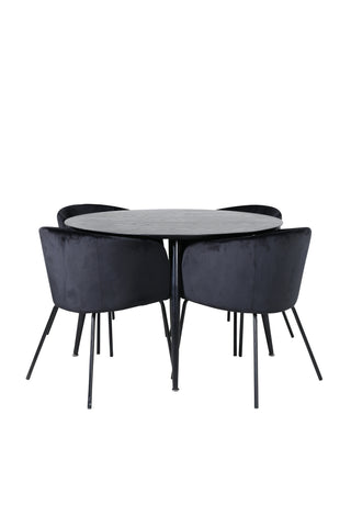 Venture Home Dipp Matbord - 115cm - Svart faner / Helsvarta ben +Berit Stol - Svart / Svart Sammet_4