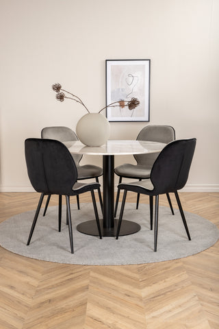 Venture Home Estelle Runt Matbord ø106 H75 - Vit / Svart+Emma Stol - Svart / Svart och Ljusgrå Svart sammet bak Grå sammet fram_4