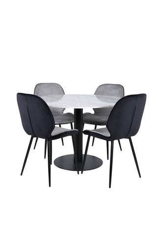 Venture Home Estelle Runt Matbord ø106 H75 - Vit / Svart+Emma Stol - Svart / Svart och Ljusgrå Svart sammet bak Grå sammet fram_4