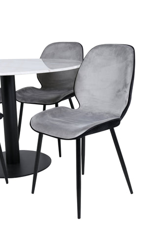 Venture Home Estelle Runt Matbord ø106 H75 - Vit / Svart+Emma Stol - Svart / Svart och Ljusgrå Svart sammet bak Grå sammet fram_4