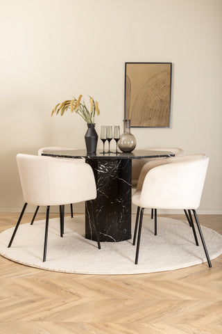 Venture Home Marbs Runt Matbord - Svart / Svart Glas Marble+Berit Stol - Svart / Beige Sammet_4