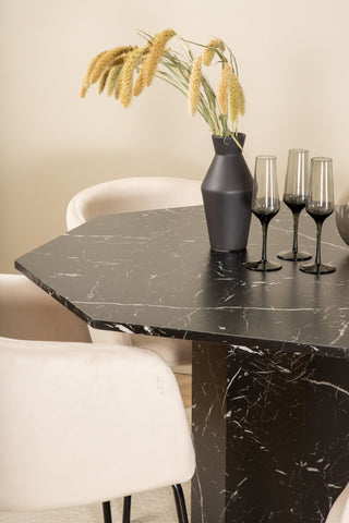 Venture Home Marbs Runt Matbord - Svart / Svart Glas Marble+Berit Stol - Svart / Beige Sammet_4