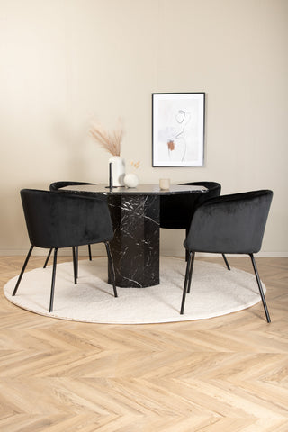 Venture Home Marbs Runt Matbord - Svart / Svart Glas Marble+Berit Stol - Svart / Svart Sammet_4
