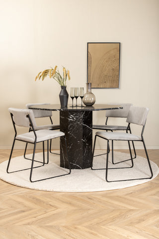 Venture Home Marbs Runt Matbord - Svart / Svart Glas Marmor+Kenth Stol - Svart / Ljusgrå Sammet_4