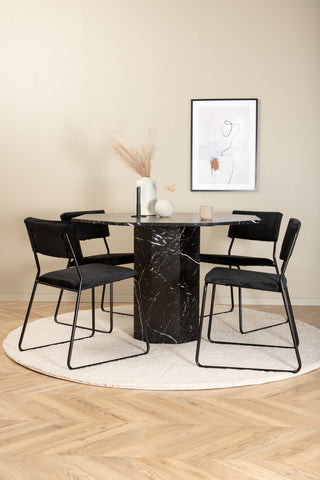 Venture Home Marbs Runt Matbord - Svart / Svart Glas Marmor+Kenth Stol - Svart / Svart Sammet_4