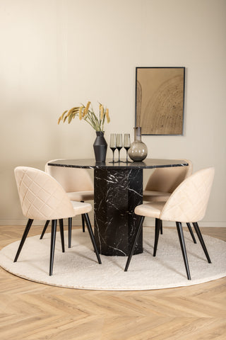 Venture Home Marbs Runt Matbord - Svart / Svart Glas Marble+Velvet Stitches Stol - Svart / Beige Velvet_4