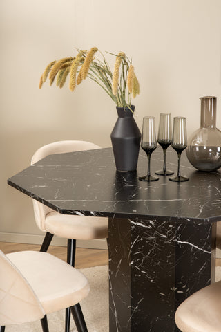 Venture Home Marbs Runt Matbord - Svart / Svart Glas Marble+Velvet Stitches Stol - Svart / Beige Velvet_4
