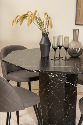 Venture Home Marbs Runt Matbord - Svart / Svart Glas Marmor+Velvet Stitches Stol - Svart / Grå Micro Fibre_4