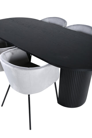 Venture Home Bianca Ovalt matbord - Svart / Svart Faner+Berit Stol - Svart / Ljusgrå Sammet_4