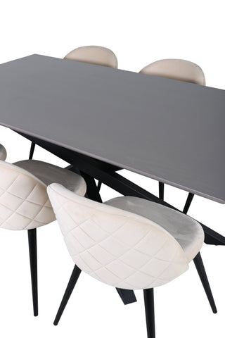 Venture Home Piazza Matbord - Svart / Grå Faner+Velvet Stitches Stol - Svart / Beige Velvet_6