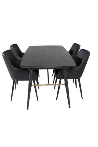 Venture Home Guld Förlängningsbord - 180/220*85*H76 Svart Faner - Svarta ben - Mässingsdetaljer +Comfort - Matstol 2-pack - svart/Svart _4