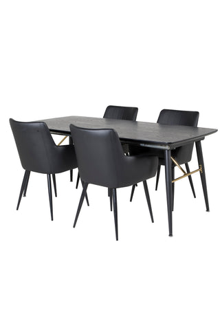 Venture Home Guld Förlängningsbord - 180/220*85*H76 Svart Faner - Svarta ben - Mässingsdetaljer +Comfort - Matstol 2-pack - svart/Svart _4