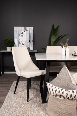 Venture Home Estelle Matbord 140*90 - Vit Marmor / Svarta Ben +Leone Matstol - Svarta Ben / Beige Manchester _4