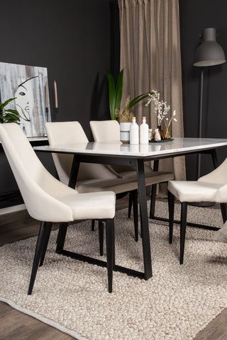 Venture Home Estelle Matbord 140*90 - Vit Marmor / Svarta Ben +Leone Matstol - Svarta Ben / Beige Manchester _4