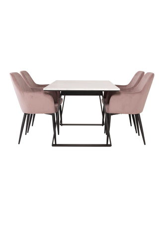 Venture Home Estelle Matbord 140*90 - Vit Marmor / Svarta Ben +Comfort Matstol 2-pack - Svarta Ben / Dusty Pink Cordutoy _4