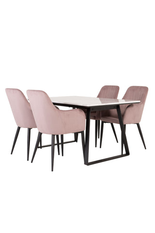 Venture Home Estelle Matbord 140*90 - Vit Marmor / Svarta Ben +Comfort Matstol 2-pack - Svarta Ben / Dusty Pink Cordutoy _4