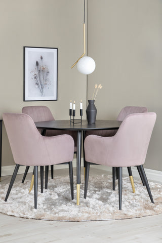 Venture Home Dipp Matbord - 115cm - Svart faner / svarta ben m mässingsdipp +Comfort Matstol 2-pack - Svarta ben / Dusty Pink Cordutoy _4