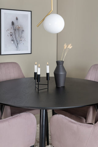 Venture Home Dipp Matbord - 115cm - Svart faner / svarta ben m mässingsdipp +Comfort Matstol 2-pack - Svarta ben / Dusty Pink Cordutoy _4