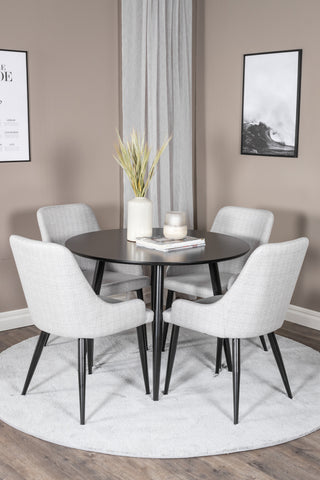 Venture Home Plaza Runt Matbord - Svart / Svart - ø100*H75 +Plaza Matbordsstol - Svarta ben - Ljusgrå Tyg _4