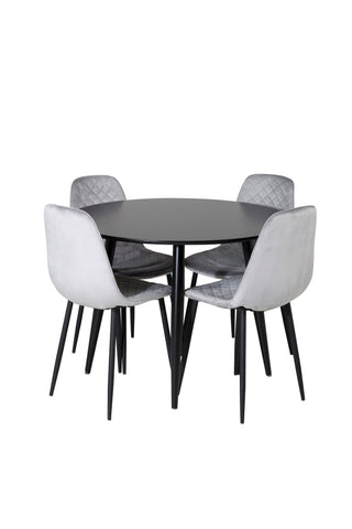 Venture Home Plaza Runt Matbord - Svart / Svart - ø100*H75 +Polar Diamond Matbordsstol - Svarta ben - Grå sammet _4