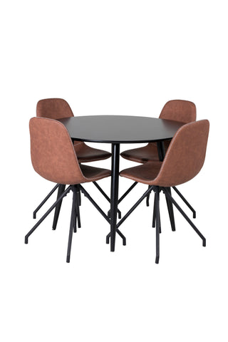 Venture Home Plaza Runt Matbord - Svart / Svart - ø100*H75 +Polar Matbordsstol med Spin funktion - svarta Ben - Brun PU - Vita sömmar _4