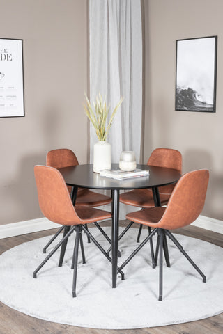 Venture Home Plaza Runt Matbord - Svart / Svart - ø100*H75 +Polar Matbordsstol med Spin funktion - svarta Ben - Brun PU - Vita sömmar _4