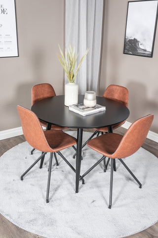 Venture Home Plaza Runt Matbord - Svart / Svart - ø100*H75 +Polar Matbordsstol med Spin funktion - svarta Ben - Brun PU - Vita sömmar _4