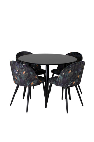 Venture Home Plaza Runt Matbord - Svart / Svart - ø100*H75 + Matbordsstol i sammet - Svart Blomma tyg _4