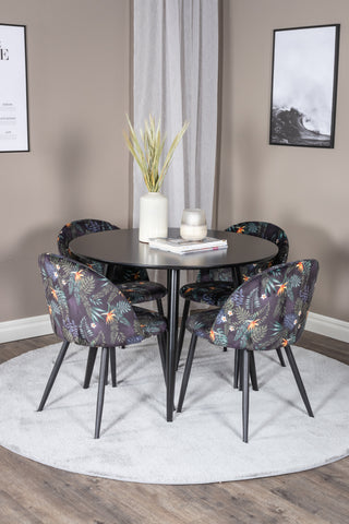 Venture Home Plaza Runt Matbord - Svart / Svart - ø100*H75 + Matbordsstol i sammet - Svart Blomma tyg _4