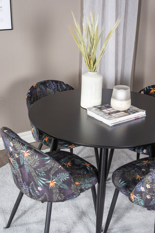 Venture Home Plaza Runt Matbord - Svart / Svart - ø100*H75 + Matbordsstol i sammet - Svart Blomma tyg _4