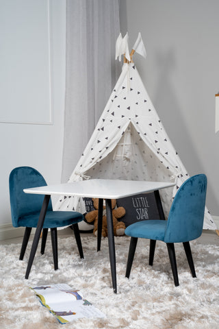 Venture Home Polar Matbord 80*60 XXS - Vit / Svart + Matstol i sammet XXS - Blue Velvet _2