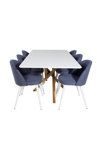 Venture Home Piazza Matbord - Ek-look / Vit - 180*90*75 +Velvet Dining Chiar - Vita ben - Blått tyg _6