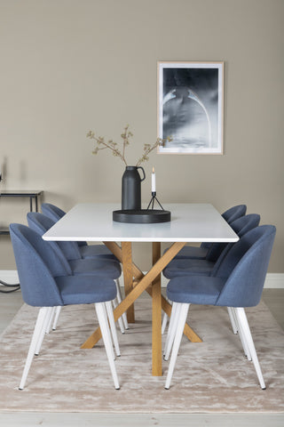 Venture Home Piazza Matbord - Ek-look / Vit - 180*90*75 +Velvet Dining Chiar - Vita ben - Blått tyg _6