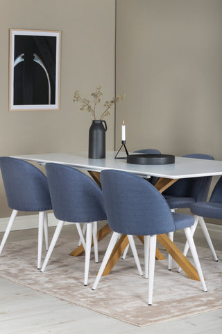 Venture Home Piazza Matbord - Ek-look / Vit - 180*90*75 +Velvet Dining Chiar - Vita ben - Blått tyg _6