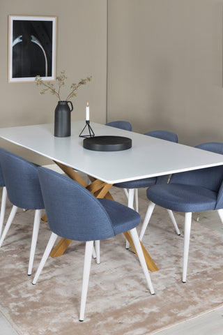 Venture Home Piazza Matbord - Ek-look / Vit - 180*90*75 +Velvet Dining Chiar - Vita ben - Blått tyg _6